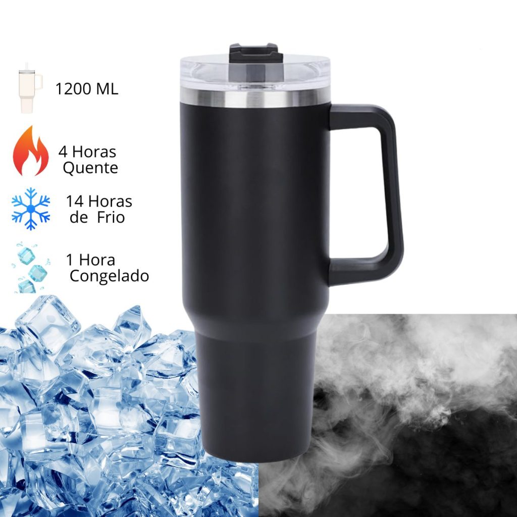 Copo Térmico Aço Inox 1200ml com Alça e Canudo Conserva Água e Outras Bebidas Gelada ou Quente - Cor _ Preto (07)