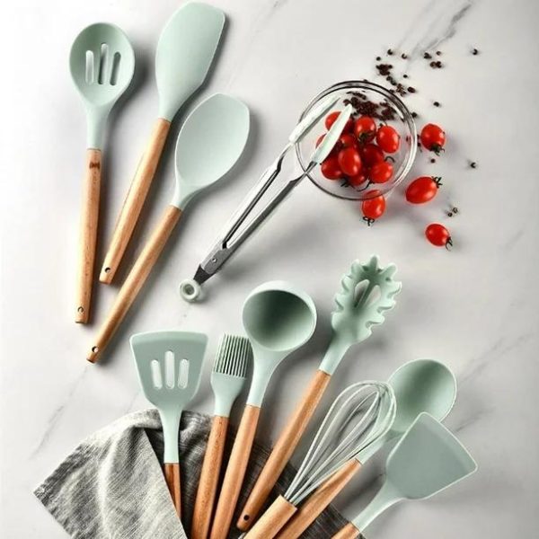 Kit 12 Utensílios De Cozinha Em Silicone E Cabo De Madeira Resistente ao Calor Antiaderente Verde-4