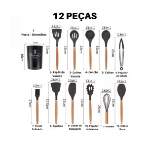 Utensílios Cozinha 12 Peças Silicone Cabo de Madeira Antiaderente Copo Suporte Vermelho (9)