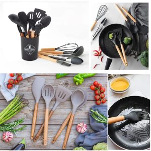 Utensílios Cozinha 12 Peças Silicone Cabo de Madeira Antiaderente Copo Suporte Vermelho (9)