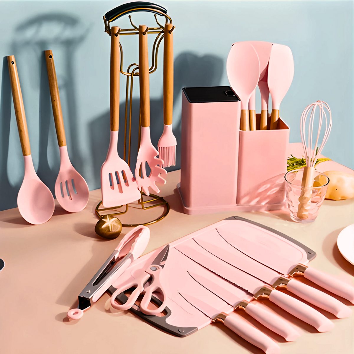 Kit Utensílios de Cozinha Jogo Completo 19 Peças – Rosa