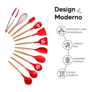 Utensílios Cozinha 12 Peças Silicone Cabo de Madeira Antiaderente Copo Suporte Vermelho (9)