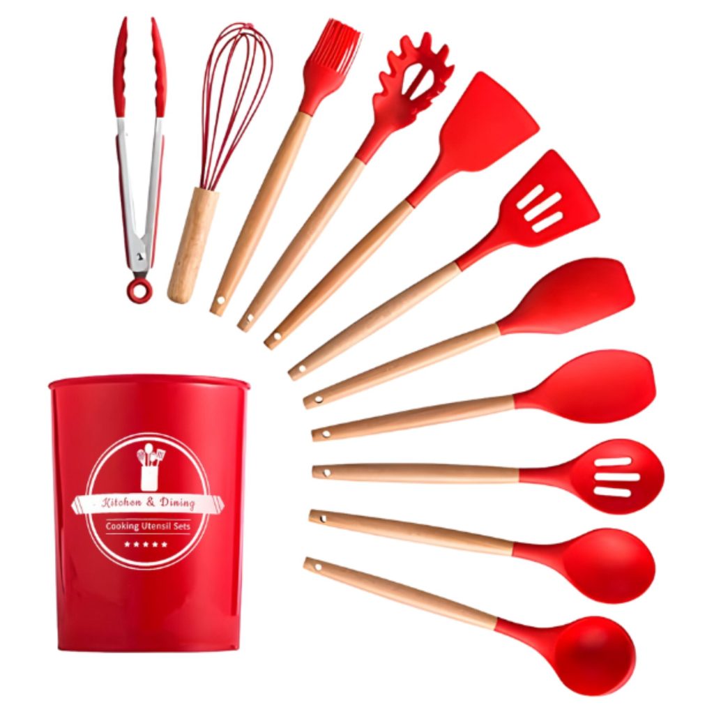 Utensílios Cozinha 12 Peças Silicone Cabo de Madeira Antiaderente Copo Suporte Vermelho (8)