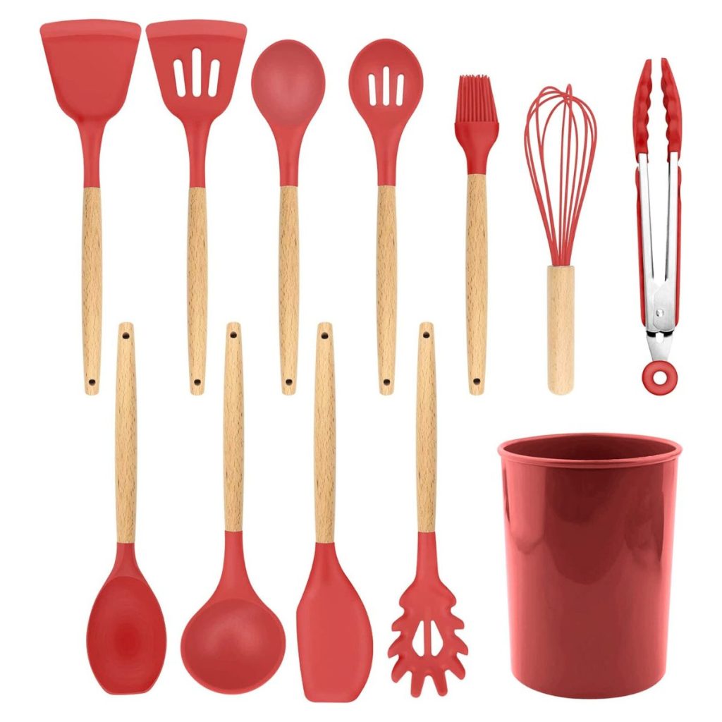 Utensílios Cozinha 12 Peças Silicone Cabo de Madeira Antiaderente Copo Suporte Vermelho (9)