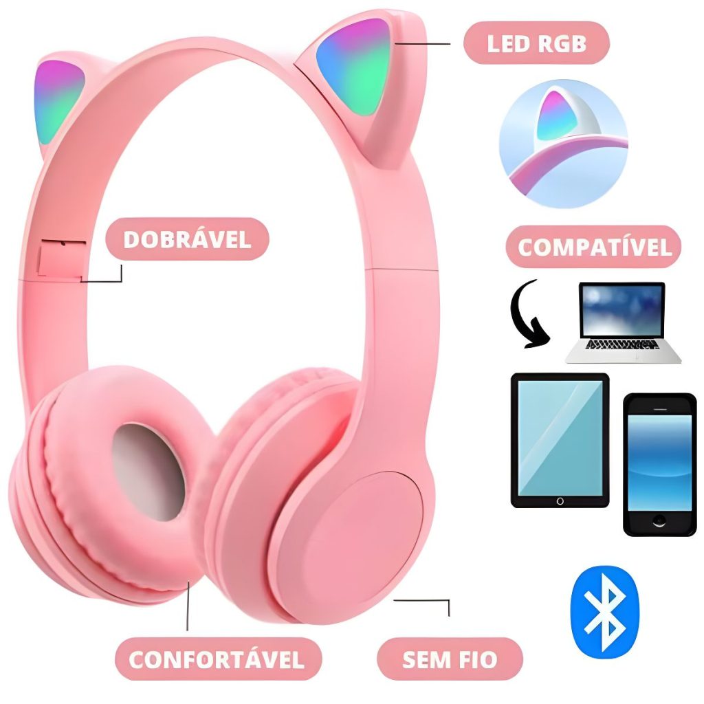 Fone Bluetooth Orelha De Gato Led Colorido - Rosa 03