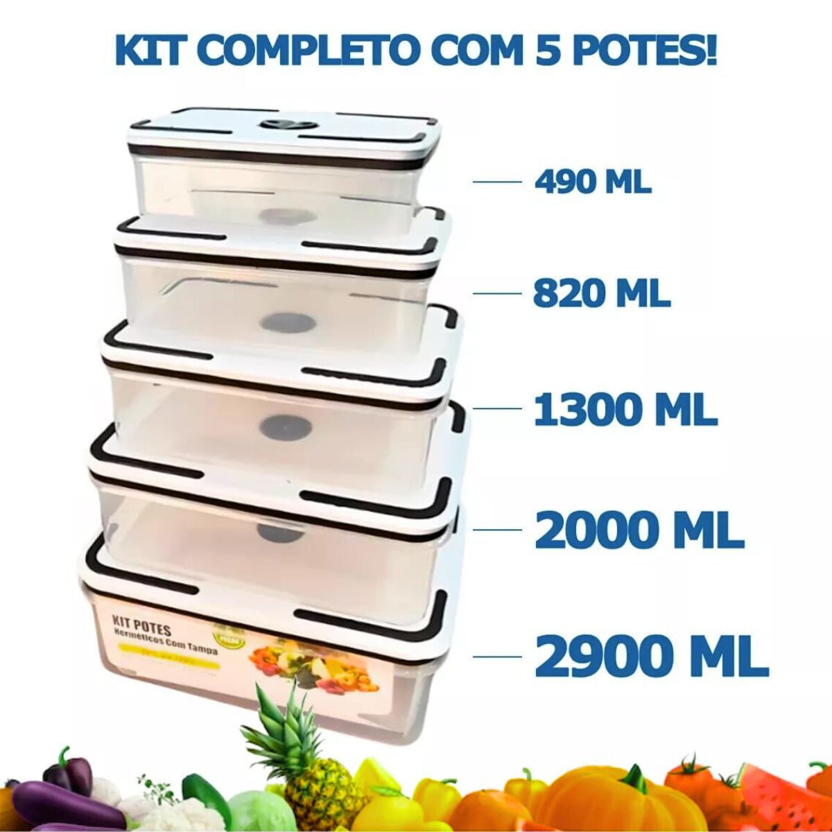 Kit 5 Potes Hermeticos Retangulares de Plastico (3)