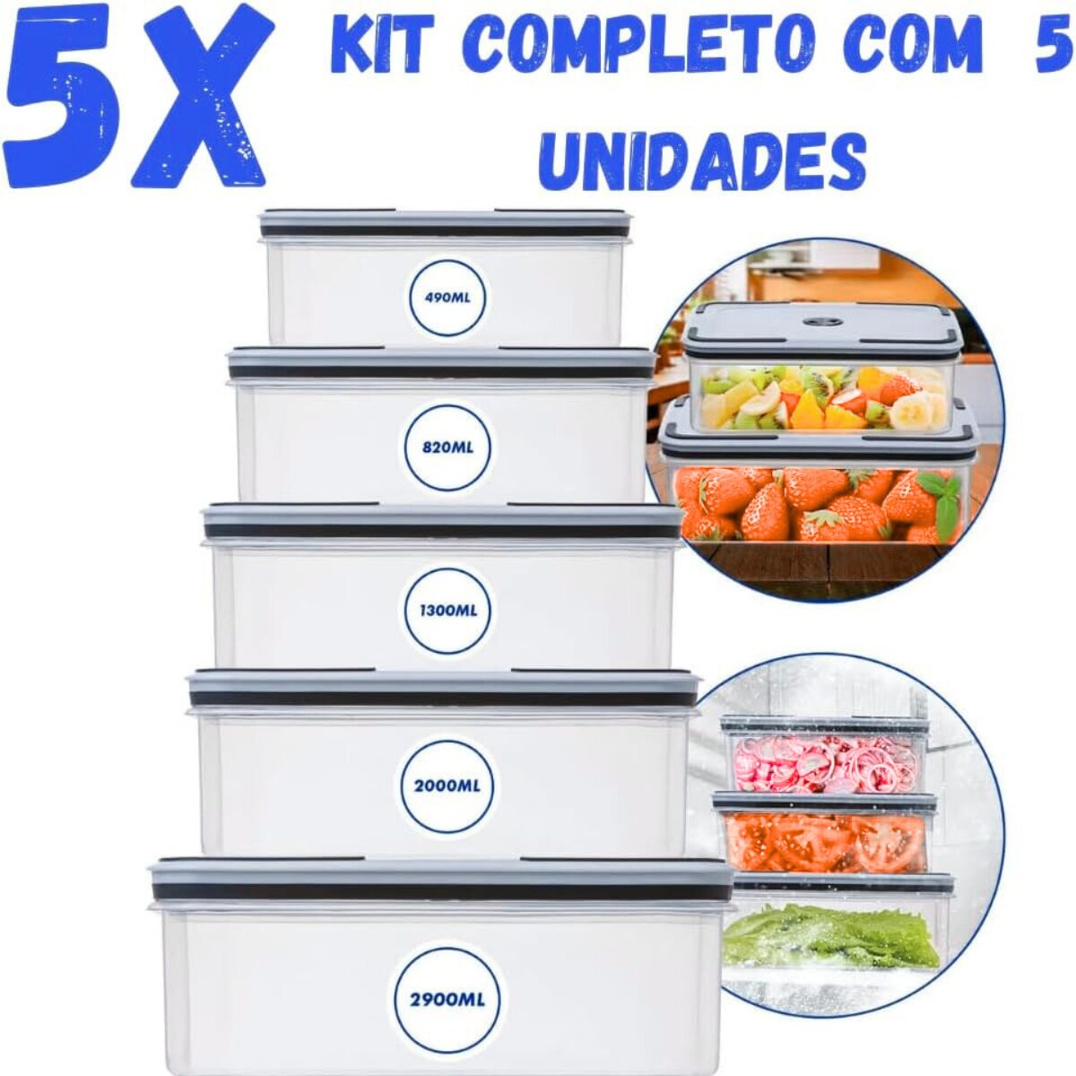 Kit 5 Potes Hermeticos Retangulares de Plastico (6)
