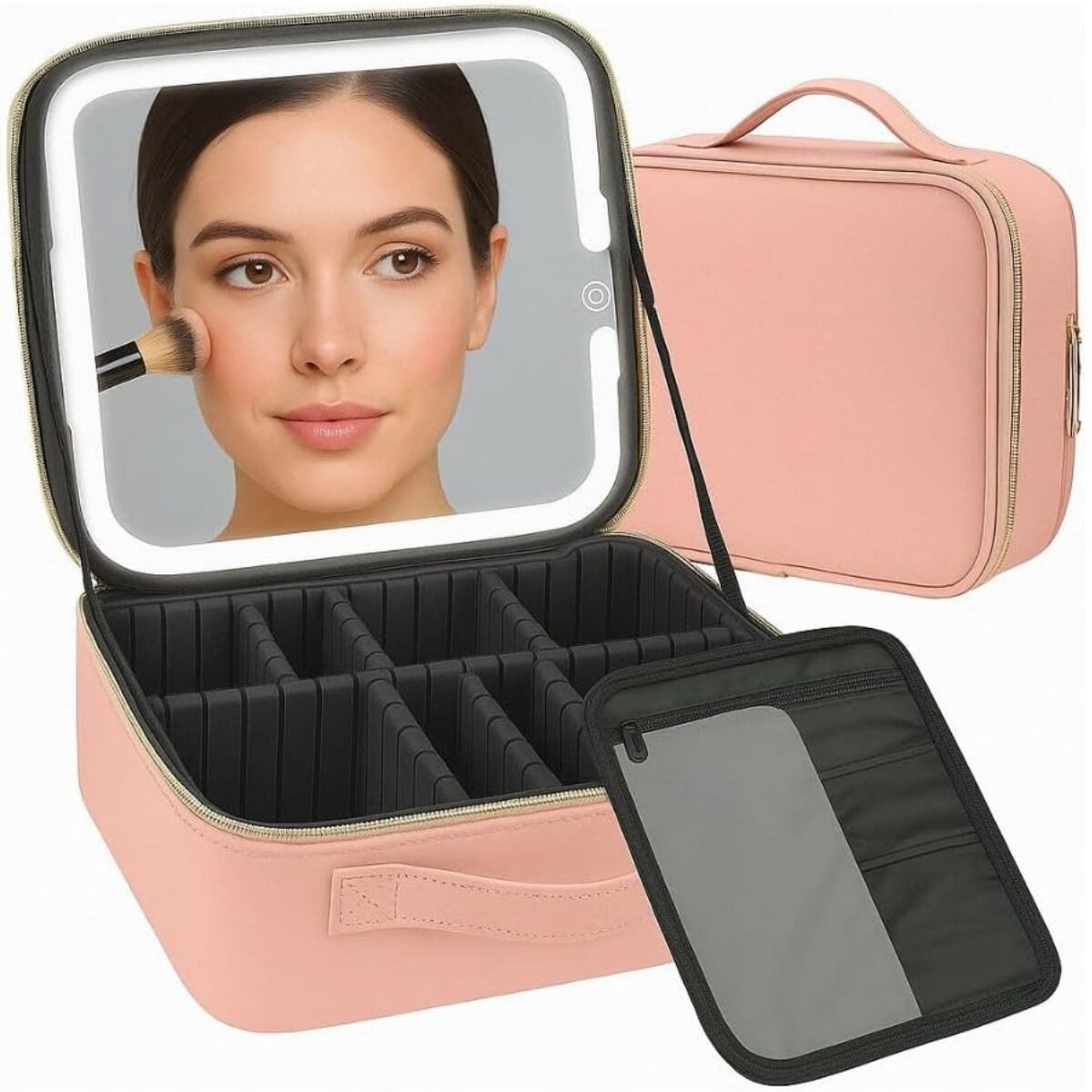 Maleta de Maquiagem com Espelho LED Rosa - 001-2025 (1)