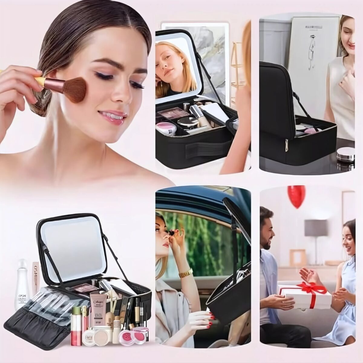 Maleta de Maquiagem com Espelho LED Rosa - 001-2025 (5)