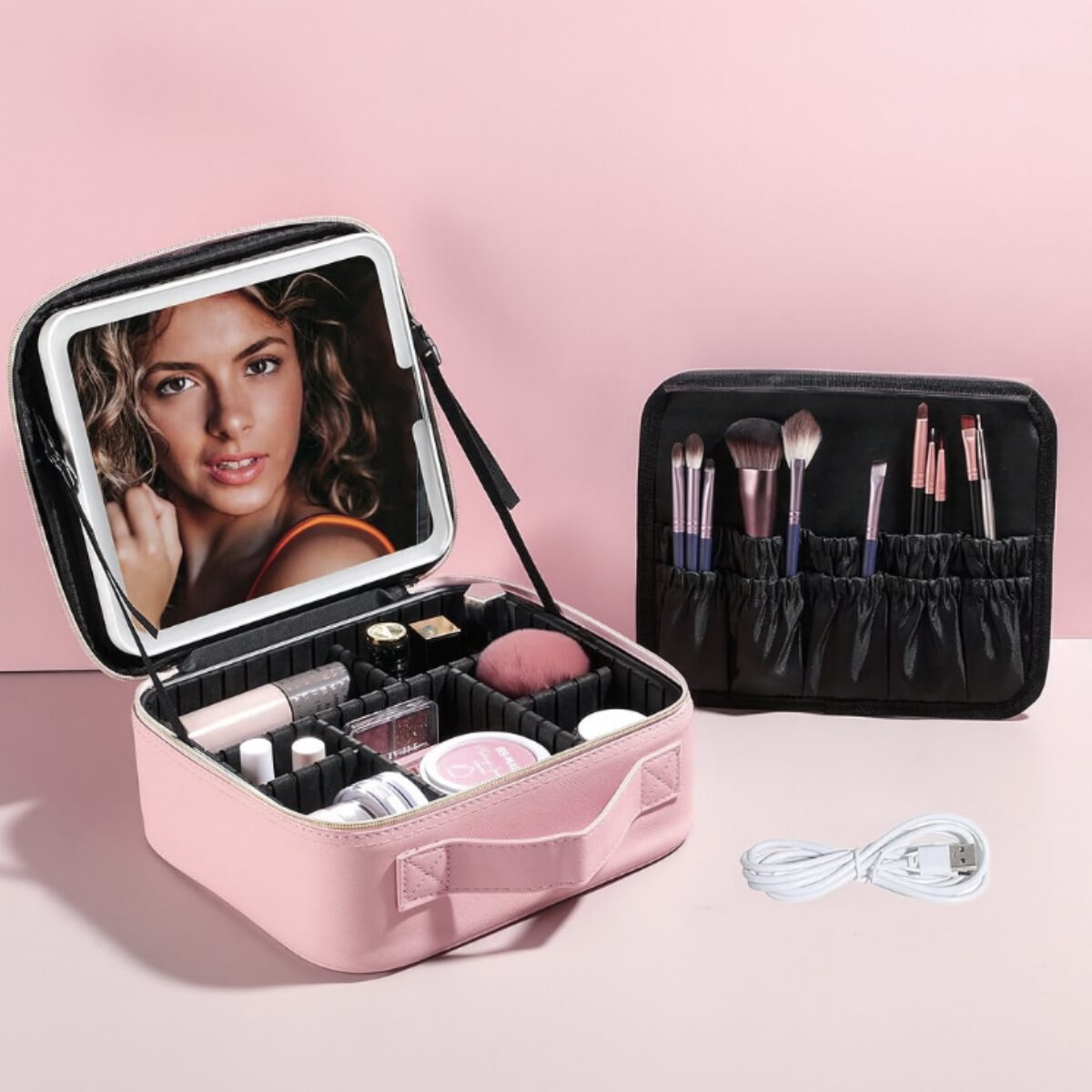 Maleta de Maquiagem com Espelho LED Rosa - 001-2025 (6)
