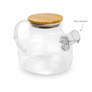 Jarra de Vidro Borossilicato 1 Litro com Tampa de Bambu, Bule Chaleira Transparente Resistente ao Calor para Chá e Café