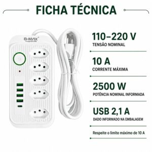 Filtro de Linha B-Max com 5 tomadas 4 USB 1 USB-C-001 (3)
