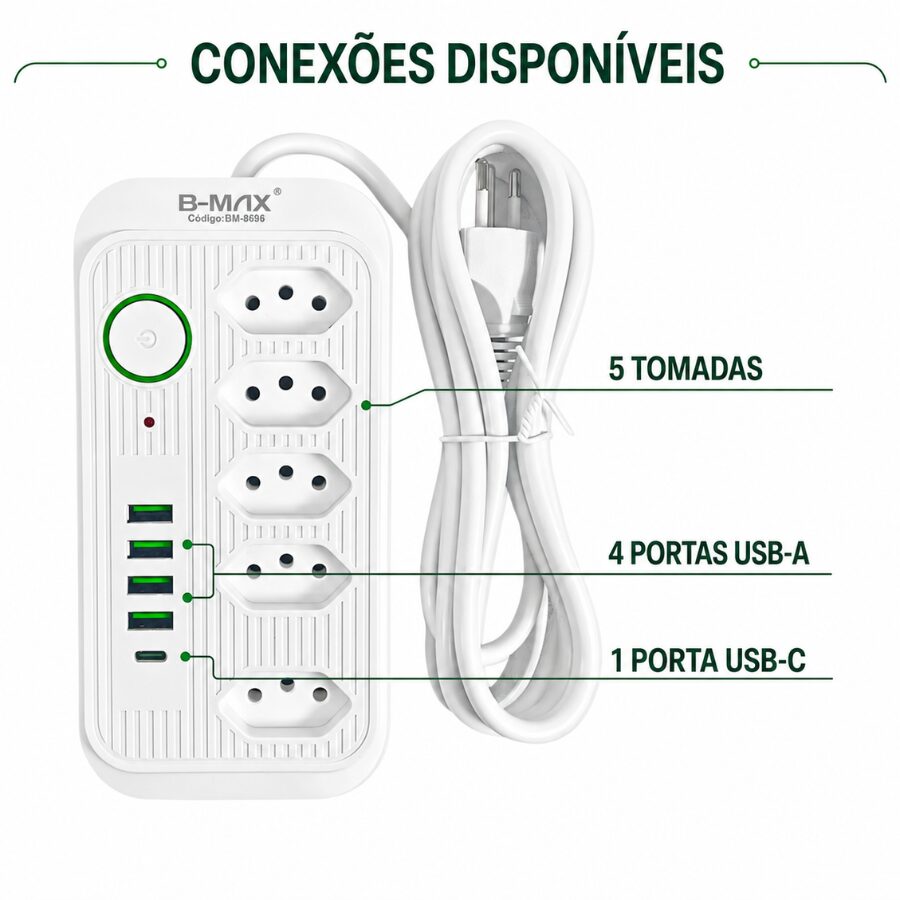 Filtro de Linha B-Max com 5 tomadas 4 USB 1 USB-C-001 (3)